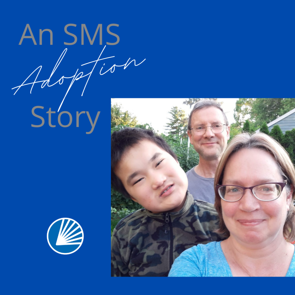 A picture of the Klump family with their son, Neal and the text "An SMS Adoption Story."